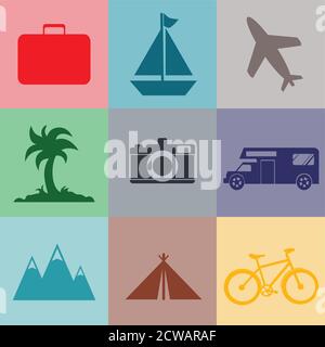Pack de conception Travel Icons pour votre brochure ou bannière de voyage - très joli et simple Voyage icônes et logo design Pour votre bannière de conception et votre brochure Illustration de Vecteur