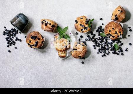 Muffins aux myrtilles faits maison dans un porte-gâteau en papier décoré de baies fraîches et de feuilles de menthe sur fond gris clair. Flat lay, espace de copie Banque D'Images