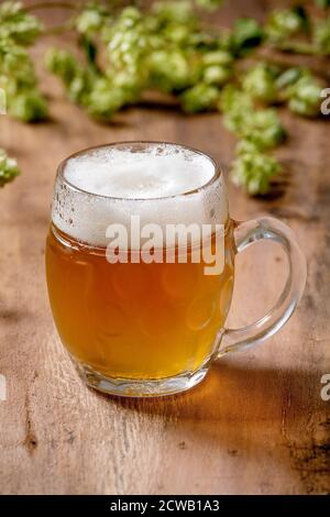 Tasse en verre classique de bière blonde fraîche avec des cônes de houblon verts sur fond de texture en bois. Copier l'espace Banque D'Images