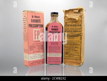 Avant la Loi sur les aliments et drogues purs de 1906, de nombreux « médicaments brevetés » contenaient des ingrédients addictifs comme l'alcool et les opiacés, commercialisés auprès des femmes pour diverses affections. La loi a introduit des exigences d'étiquetage pour identifier les substances nocives. Banque D'Images