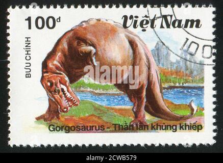 VIET NAM - VERS 1990: Timbre imprimé par le Viet Nam, montre Gorgosaurus, vers 1990 Banque D'Images