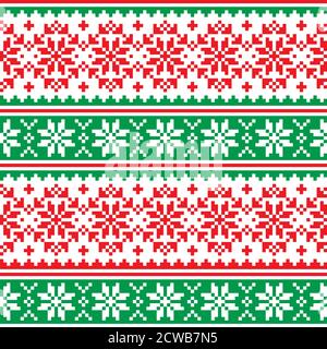 Motif vectoriel de Noël sans couture rouge et vert - tricot scandinave, point de croix et flocons de neige Illustration de Vecteur