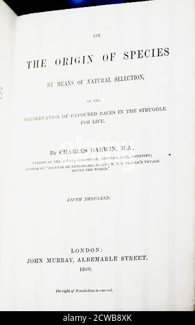 Page de titre de la première édition de "On the Origin of Species" par le biais de la sélection naturelle, publiée le 24 novembre 1859, est une œuvre de la littérature scientifique de Charles Darwin qui est considérée comme le fondement de la biologie évolutive. Banque D'Images