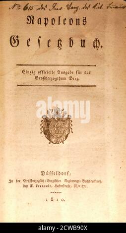 Le Code napoléonien - ou Code Napoléon, le Code civil français établi sous Napoléon Ier en 1804. Le code n'autorisait pas les privilèges basés sur la naissance. Elle a permis la liberté de religion. Il a également mis en place un système de fonction publique où les emplois du gouvernement seraient les plus qualifiés Banque D'Images