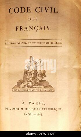 Le Code napoléonien - ou Code Napoléon, le Code civil français établi sous Napoléon Ier en 1804. Le code n'autorisait pas les privilèges basés sur la naissance. Elle a permis la liberté de religion. Il a également mis en place un système de fonction publique où les emplois du gouvernement seraient les plus qualifiés Banque D'Images