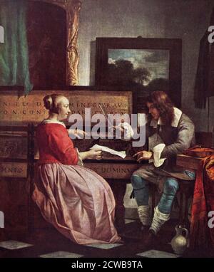 Peinture intitulée "UN homme et une femme assis par un Virginie" par Gabriel Metsu. Gabriel Metsu (1629-1667) un peintre hollandais Banque D'Images