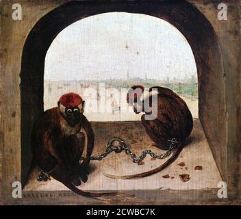 Peinture de Pieter Bruegel l'aîné intitulé 'Two Monkeys', 1562. De la collection de la Gemaldegalerie, Berlin. Banque D'Images