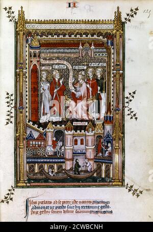 St Denis, 1317. St Denis, accompagné de St rusticus et St Eleutherius, commet St Saintin et St Antonin pour écrire l'histoire de sa vie. Illustration manuscrite d'une œuvre sur la vie de St Denis (mort c258 AD), écrite par Yves, moine à l'abbaye de St Denis. Le livre décrit la torture et le martyre du saint par le gouverneur romain Feschennus Sisinnius. De la collection de la Bibliothèque nationale, Paris. L'artiste est inconnu. Banque D'Images