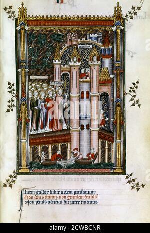 St Denis aux portes de Paris, 1317. Illustration manuscrite d'une œuvre sur la vie de St Denis (mort c258 AD), écrite par Yves, moine à l'abbaye de St Denis. Le livre décrit la torture et le martyre du saint par le gouverneur romain Feschennus Sisinnius. De la collection de la Bibliothèque nationale, Paris et l'artiste est inconnu. Banque D'Images