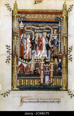 Larcia accuse St Denis, 1317. Larcia, païen, dénonça le saint et ses compagnons, et fut ensuite converti. Illustration manuscrite d'une œuvre sur la vie de St Denis (mort c258 AD), écrite par Yves, moine à l'abbaye de St Denis. Le livre décrit la torture et le martyre du saint par le gouverneur romain Feschennus Sisinnius. La scène inférieure représente des gens sur le pont au-dessus de la Seine; montrant six hommes tirant un baril sur un traîneau, un transporteur d'eau, et un homme pêchant avec une canne. De la collection de la Bibliothèque nationale, Paris. L'artiste est inconnu. Banque D'Images