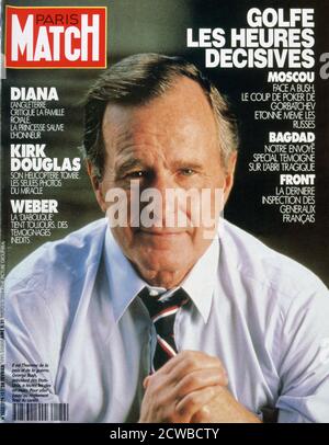 Couverture du match de Paris, février 1991. Paris Match est un magazine hebdomadaire français. La couverture montre le président américain George Bush au moment de la première guerre du Golfe, le photographe est inconnu. Informations sur les droits : désactivé pour usage éditorial uniquement. Veuillez nous contacter pour tout autre droit d'autorisation. Banque D'Images