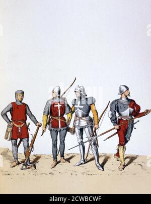 Troupes de la Garde royale, XIIe-XVIe siècle (1887). Un arbaletrier du XIIe ou XIIIe siècle (crossbowman), des arches du XIVe et du XVe siècle et un pikeman du XVIe siècle. Un imprimé de l'Histoire des corps de troupes de la ville de Paris de François Cudet, France, 1887. Par l'artiste français A Lemercier. Banque D'Images