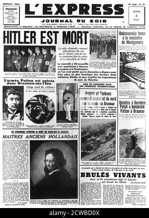 Hitler is Dead, première page du journal l'Express, 3 mai 1945. Rapports d'événements de la dernière semaine de la Seconde Guerre mondiale en Europe. Le photographe est inconnu. Banque D'Images