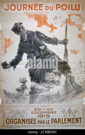 Journee du Poilu 25 et 26 décembre 1915', affiche française de la première Guerre mondiale, 1915. Un soldat se prépare à lancer une grenade. 'Poilu' était le surnom donné au soldat d'infanterie français de la première Guerre mondiale, l'équivalent du 'Tommy' britannique. Par l'artiste français Maurice Neumont. Banque D'Images