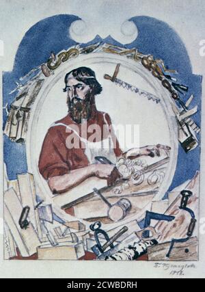 Le Carpenter', 1918. Artiste: Boris Mikhaïlovitch Kustodiev. Boris Mikhaïlovitch Kustodiev était un peintre et scénographe russe. Banque D'Images