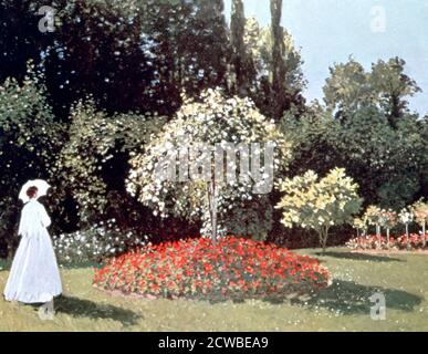 Femme dans le jardin, Sainte-Adresse, 1867 artiste : Claude Monet. Habillée à la mode du jour, la figure d'une dame se tient dans le domaine du Coteaux à Saint-Adresse Banque D'Images