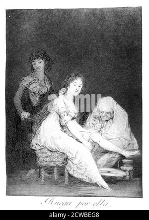 Elle prie pour elle, 1799 artiste: Francisco Goya. Assiette 31 de 'Los Caprichos'. Los Caprichos est un ensemble de 80 tirages en aquatinte et gravure créés par l'artiste espagnol Francisco Goya en 1797 et 1798, et publiés comme un album en 1799. Banque D'Images