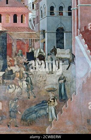 Effets du bon gouvernement sur la vie urbaine, (détail), 1338-1340 artiste : Ambrogio Lorenzetti. Ambrogio Lorenzetti a décoré les murs latéraux de la salle du Conseil (Sala dei Nove) de l'hôtel de ville (Palazzo Ciudad) de Sienne. Le sujet des fresques sont bon et mauvais gouvernement. Banque D'Images