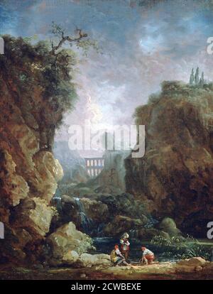 Paysage avec chute d'eau et aqueduc, c1750-1808, artiste: Hubert Robert. Hubert Robert (1733-1808) est un peintre français de l'ère Rococo. Banque D'Images