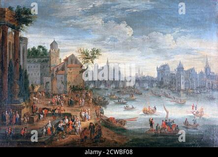 La Seine, Paris, XVIIe siècle. Artiste: Mathieu Schoewaerdts. Mathieu Schoewaerdts (c1665-1702) est un peintre, dessinateur et graveur flamand. Il est surtout connu pour ses paysages avec des arbres, des marines et des scènes de genre. Banque D'Images