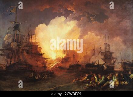 La bataille du Nil', 1798 août (1800) par J Philippe de Loutherbough. La bataille a été menée la nuit dans la baie d'Abu Qir près d'Alexandrie. L'amiral Lord Nelson a trouvé la flotte française à l'ancre et a attaqué. Le point culminant de la bataille est arrivé à dix heures du soir où le vaisseau amiral français a explosé, le moment montré ici. La victoire a assuré le contrôle britannique de la Méditerranée. Fait partie de la collection de la Tate Gallery de Londres. Banque D'Images