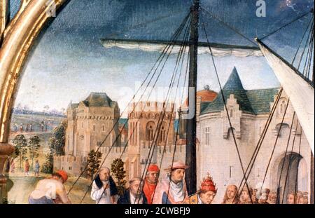 Temple St Ursula, départ de Bâle, détail, 1489, artiste : Hans Memling. Hans Memling était l'artiste principal à Bruges. Son travail est fortement influencé par Rogier van der Weyden. Banque D'Images