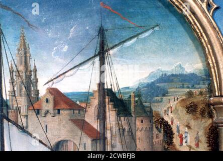 Temple St Ursula, départ de Bâle, détail, 1489, artiste : Hans Memling. Hans Memling était l'artiste principal à Bruges. Son travail est fortement influencé par Rogier van der Weyden. Banque D'Images
