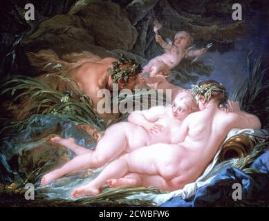 PAN et Syrinx', 1759, artiste: François Boucher. Cette peinture illustre une histoire des métamorphies d'Ovid, où le syrinx nymphe a été poursuivi par le Pan amoreux. Banque D'Images