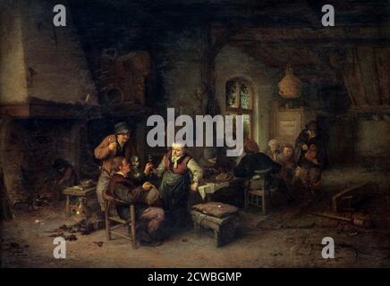 L'intérieur d'une auberge avec neuf paysans et un joueur Hurdy-Gurdy," par adriaen van ostade, 1653. L'artiste a peint de nombreuses scènes de taverne de ce type montrant des paysans buvant, fumant et écoutant des musiciens itinérants. Ce type de composition avec des groupes de personnes dans une pièce sombre et déserte qui se rétrécit fortement dans l'espace de l'image est caractéristique du travail de van Ostade. Banque D'Images