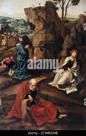The Agony in the Garden', par Pieter Coecke van Aelst, 1527-1530. Dans le jardin de Gethsemane, le Christ s'agenouille et lève les yeux vers le calice qui se trouve sur l'affleurement de la roche, qui symbolise le calice du destin. Le Christ prie Dieu le Père, rongé par la peur de sa souffrance et de sa mort futures, de modifier le sort qui lui est fixé. Contrairement au Christ, qui est dans un état de conflit intérieur entre le côté divin et le côté humain de sa nature, entre l'esprit et le corps, les apôtres se sont tous endormis rapidement - Pierre penché contre une souche d'arbre; à sa droite le jeune Jean, profond dans le sommeil; et derrière le CHRI Banque D'Images