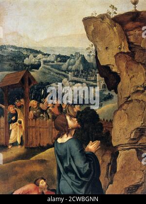 The Agony in the Garden', détail, 1527-1530. Dans le jardin de Gethsemane, le Christ s'agenouille et lève les yeux vers le calice qui se trouve sur l'affleurement de la roche, qui symbolise le calice du destin. Le Christ prie Dieu le Père, rongé par la peur de sa souffrance et de sa mort futures, de modifier le sort qui lui est fixé. En arrière-plan, nous voyons une foule de soldats, de scribes et de pontife armés d'épées, de lances, de landes et de torches, dirigés par Judas et se dirigeant vers le jardin de Gethsémané pour arrêter le Christ. Banque D'Images