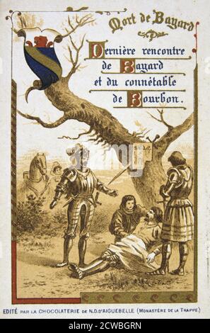 Scène de la vie de Bertrand du Guesclin, (19e siècle). Mort de Bayard. Dernière rencontre de Bayard et commandant des armées de Bourbon. Le chevalier français Pierre Terrail de Bayard (c1476-1524), connu dans la légende comme le chevalier sans peur et sans reproche (chevalier intrépide et sans blamer), avait une telle réputation de bravoure que des histoires incroyables lui ont été racontées. Bertrand du Guesclin (c1320-1380) entre au service de Charles de Blois, duc de Bretagne, luttant contre l'invasion de l'anglais. Du Guesclin a gagné le trône de Castille et de Léon pour Henry, qui est devenu le roi Henri II En 1370 du Guescli Banque D'Images