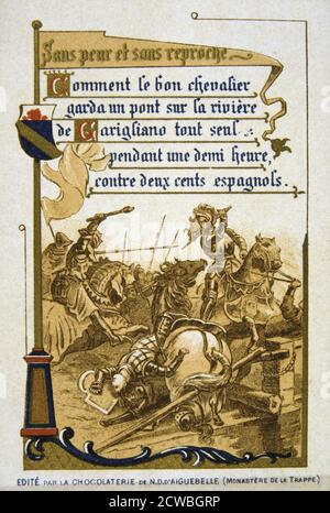 Scène de la vie de Bertrand du Guesclin, (19ème siècle). Comment le bon chevalier Bayard protégés d'un pont sur le fleuve Garigliano par lui-même pour une demi-heure contre 200 Espagnols. Chevalier français Pierre Terrail de Bayard (c1476-1524) connu dans la légende comme le chevalier sans peur et sans reproche (sans peur et sans reproche knight), avait une telle réputation de bravoure que histoires incroyables a dit de lui. Bertrand du Guesclin (c1320-1380) est entré au service de Charles de Blois, duc de Bretagne, la lutte contre l'envahisseur anglais. En 1370 Du Guesclin est fait connétable de France par Charles V, un Banque D'Images