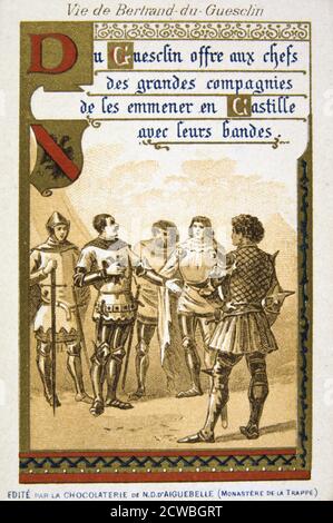 Scène de la vie de Bertrand du Guesclin, (19ème siècle). Guesclin propose de diriger les responsables des grandes entreprises et leurs hommes à la Castille. Bertrand du Guesclin (c1320-1380) est entré au service de Charles de Blois, duc de Bretagne, la lutte contre l'envahisseur anglais. Il a été fait chevalier en 1354 et il a servi plus tard le roi Charles V de France qui a fait de lui le lieutenant de Normandie et comte de Longueville. À la bataille d'Auray (1364), Du Guesclin a été racheté après avoir été fait prisonnier par les Anglais, et conduit les mercenaires en Espagne où il a combattu pour Henry de Trastamara contre ses demi-brothe Banque D'Images