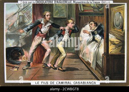 La mort de l'amiral Casabianca et son fils à la bataille du Nil, l'Egypte, 1798, (19e siècle). L'amiral Louis de Casabianca (c1755-1798) a commandé le "Orient", navire amiral de la flotte de Napoléon. Au cours de la bataille du Nil (connue en France comme la Bataille d'Aboukir Bay), le commandant de la flotte a été tué et Casabianca a pris le commandement. En dépit d'être gravement blessé, il est resté à son poste. Son jeune fils, Giocante, a refusé de quitter, et tous les deux morts à bord du "Orient" flamboyant. À partir de la carte d'une série produite par l'usine de chocolat au monastère d'Aiguebelle. Banque D'Images