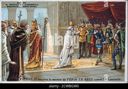 Le pape Étienne II plaide pour la sécurité de Pépin le Bref de les Lombards, c750, AD (19ème siècle). À partir de la carte d'une série produite par l'usine de chocolat au monastère d'Aiguebelle. Banque D'Images