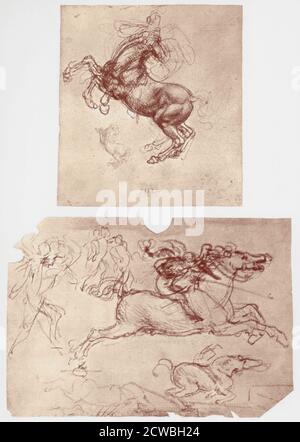 Élevage de chevaux», et «cavaliers et soldats des pieds» de Leonardo da Vinci, c1504. Les deux sont des études pour 'la bataille d'Anghiari', et proviennent de la collection de la Bibliothèque royale, Windsor Castle, Windsor, Angleterre. Banque D'Images