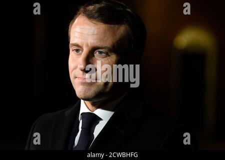 Photographie d'Emmanuel Macron, Président de la France, participant au Sommet de l'OTAN à Londres, décembre 2019. Banque D'Images