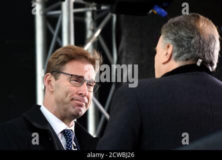 Photographie de Tobias Ellwood prise après l'élection générale de 2019. Tobias Martin Ellwood (1966-) politicien et auteur du Parti conservateur britannique. Il a servi dans les Royal Green Jackets et a atteint le rang de capitaine. Il est actuellement député de Bournemouth-est et a été ministre du gouvernement britannique au ministère de la Défense de 2017 à 2019. Banque D'Images