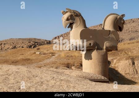 Photographie d'une statue de la capitale de la colonne de Griffin, Persepolis, Iran Banque D'Images