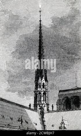 Gravure représentant le feu de St Elmo sur la pointe de la croix de notre Dame. Banque D'Images