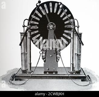 Gravure représentant la machine statique ou d'influence de James Wimshurst. Il y avait deux plaques de verre sur lesquelles étaient montées des morceaux de laiton, les plaques tournaient dans des directions opposées. Au fur et à mesure que les plaques se déplacent, les brosses fixes sont en contact avec le laiton et ont reçu des charges positives et négatives. Utilisé therapeutiquement dans le traitement par Franklinism. Banque D'Images