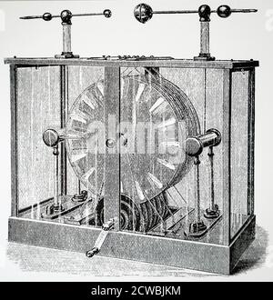 Gravure représentant la machine statique ou d'influence de James Wimshurst. Il s'agissait de plaques de verre sur lesquelles étaient montées des morceaux de laiton, les plaques tournaient dans des directions opposées. Au fur et à mesure que les plaques se déplacent, les brosses fixes sont en contact avec le laiton et ont reçu des charges positives et négatives. Utilisé therapeutiquement dans le traitement par Franklinism. Banque D'Images