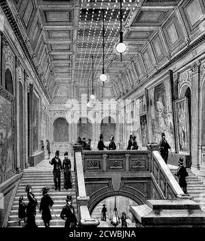 Gravure représentant un escalier éclairé par des lampes à incandescence Edison et Swan lors de l'exposition internationale de l'électricité, Paris (1881). Banque D'Images