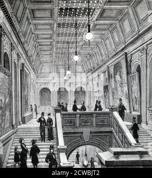 Gravure représentant un escalier éclairé par des lampes à incandescence Edison et Swan lors de l'exposition internationale de l'électricité, Paris. Banque D'Images