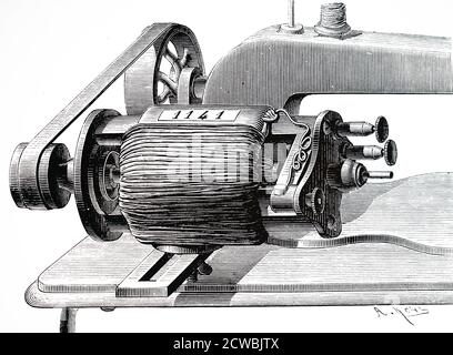 Gravure représentant le petit moteur électrique de William Woodnut Griscom utilisé pour piloter une machine à coudre. Banque D'Images