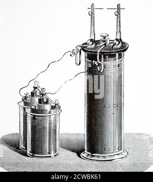 Gravure représentant une batterie secondaire. Cellule plante (accumulateur) de 1860 : récipient en verre contenant des plaques de plomb spiralées dans de l'acide sulfurique dilué. Indiqué ici chargé par deux cellules de Bunsen. Banque D'Images