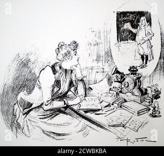 Gravure représentant une jeune femme utilisant un 'téléphonoscope' pour étudier à la maison. Illustré par Albert Robida. Banque D'Images