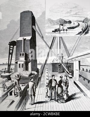 Gravure représentant des silos à grains flottants chargés directement dans la soute d'un bateau à vapeur de l'océan, port de New York. Banque D'Images