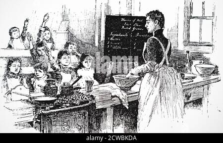 Gravure représentant des filles d'une London Board School assistant à une démonstration de cuisine. Banque D'Images